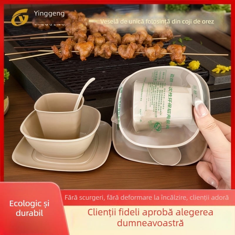 Set de veselă de unică folosință din coajă de orez, patru piese, ambalare individuală, formă pătrată, cești, boluri, farfurii și linguri, pentru banchete și restaurante