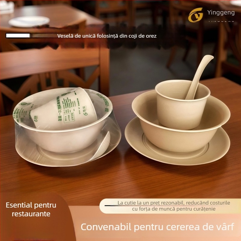 Set de veselă de unică folosință din coajă de orez, patru piese, ambalare individuală, formă pătrată, cești, boluri, farfurii și linguri, pentru banchete și restaurante