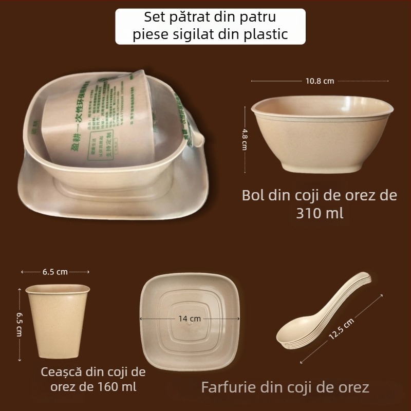 Set de veselă de unică folosință din coajă de orez, patru piese, ambalare individuală, formă pătrată, cești, boluri, farfurii și linguri, pentru banchete și restaurante