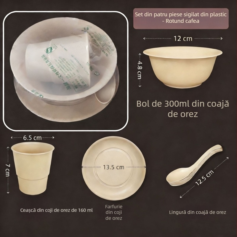 Set de veselă de unică folosință din coajă de orez, patru piese, ambalare individuală, formă pătrată, cești, boluri, farfurii și linguri, pentru banchete și restaurante