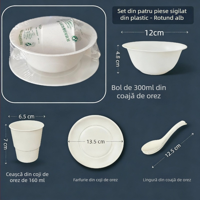 Set de veselă de unică folosință din coajă de orez, patru piese, ambalare individuală, formă pătrată, cești, boluri, farfurii și linguri, pentru banchete și restaurante