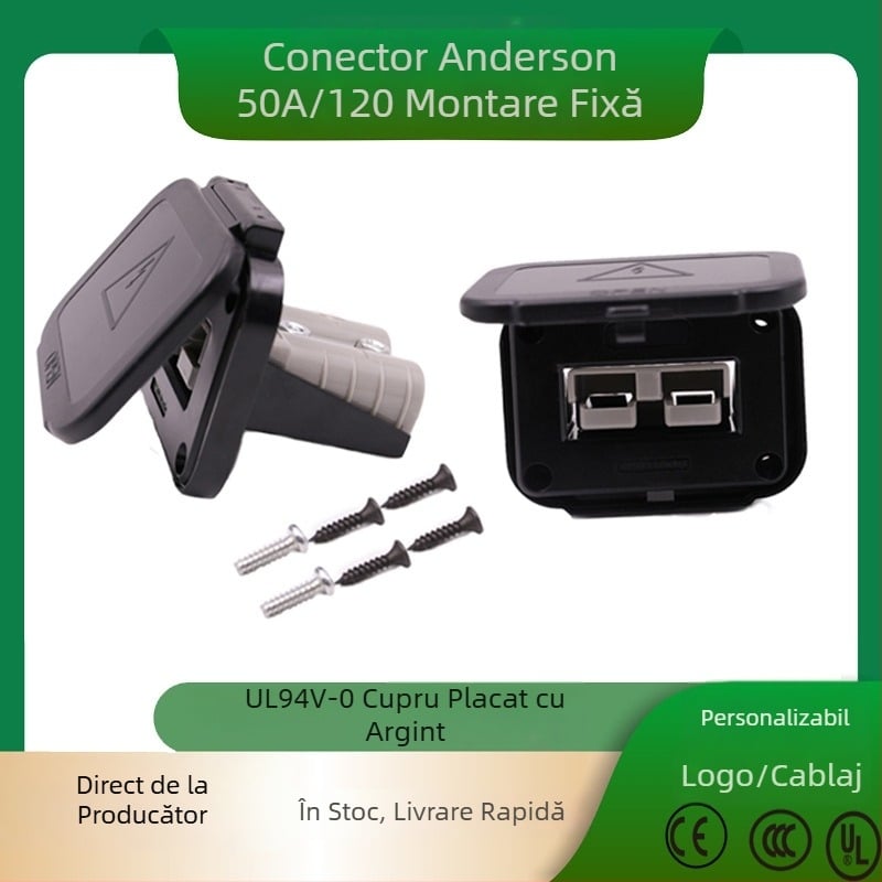 Conector bipolar cu bază fixă, 50A/120A, 600V, cu capac și mufă de încărcare, compatibil cu Anderson