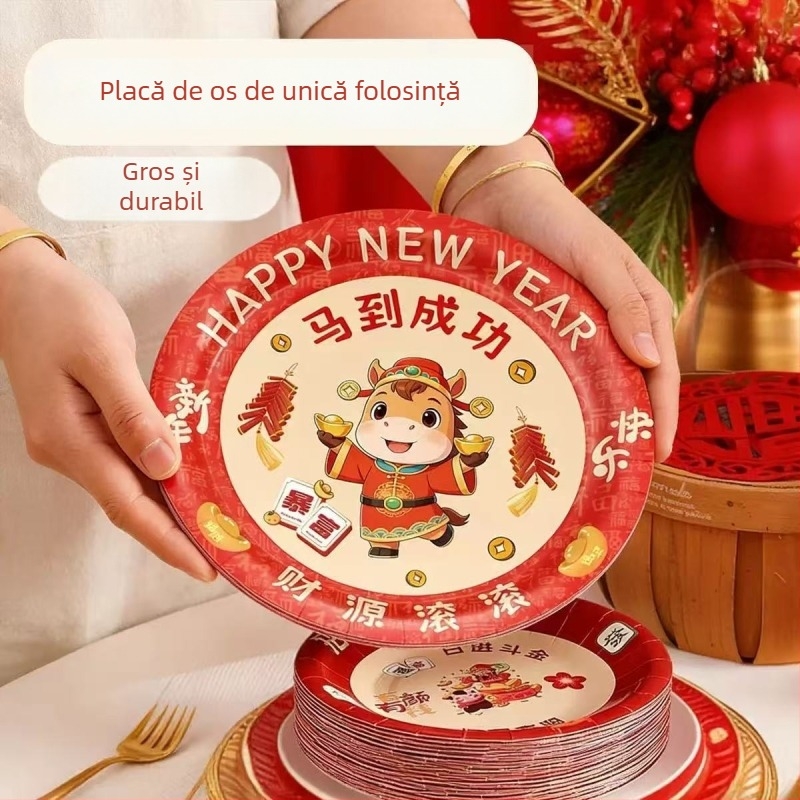 Farfurii de hârtie de unică folosinţă, în stil chinezesc pentru Anul Calului, groase, pentru Anul Nou și picnic