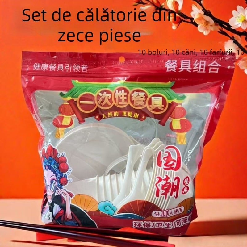 Set de zece piese de veselă de unică folosință din fibre de coajă de orez, biodegradabil, de calitate alimentară, boluri, căni, linguri și farfurii pentru călătorii de primăvară