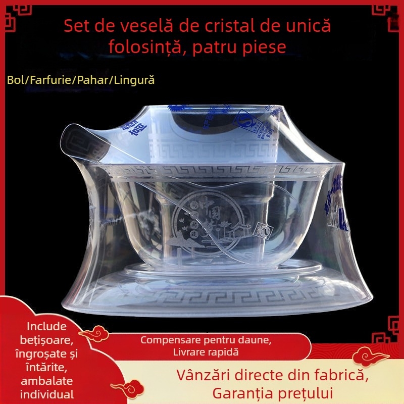 Veselă de masă din cristal, de unică folosință, set de patru piese: cupe, farfurii și linguri din plastic transparente