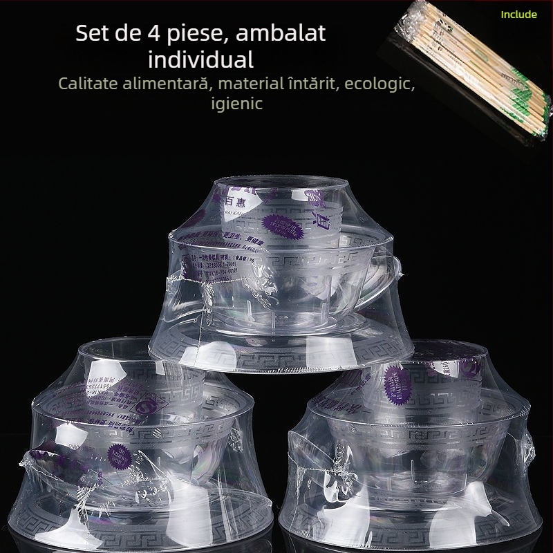 Veselă de masă din cristal, de unică folosință, set de patru piese: cupe, farfurii și linguri din plastic transparente