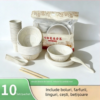 Set biodegradabil de veselă din bambus, de unică folosință: boluri, farfurii, linguri, căni și bețișoare pentru 10 persoane