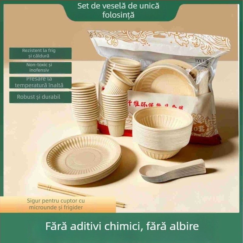 Set biodegradabil de veselă din bambus, de unică folosință: boluri, farfurii, linguri, căni și bețișoare pentru 10 persoane