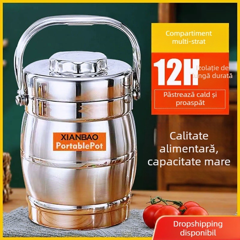 Cutie termoizolantă din oțel inoxidabil, cu 3 straturi și capac, capacitate mare pentru prânz