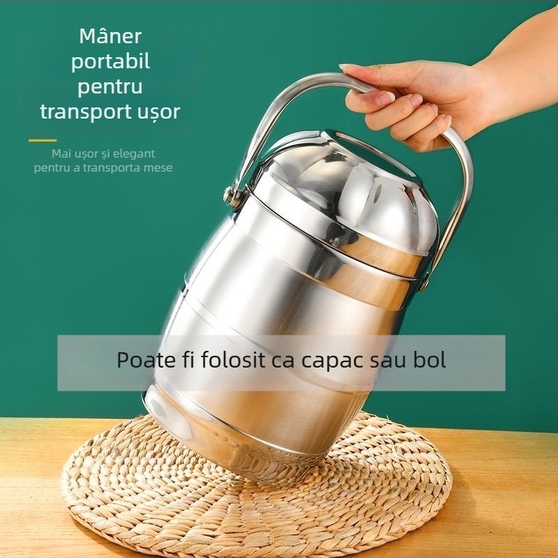 Cutie termoizolantă din oțel inoxidabil, cu 3 straturi și capac, capacitate mare pentru prânz