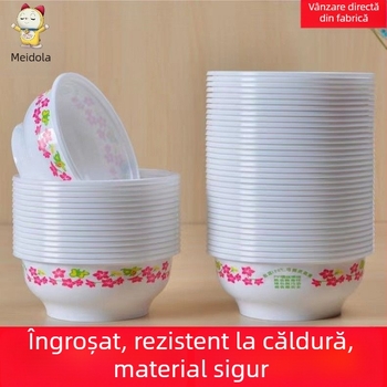 Bol de orez de unică folosință, cu model floral, din plastic alimentar gros, însoțit de tacâmuri cu bețișoare pentru banchete