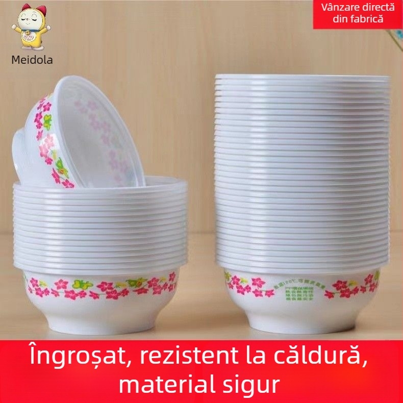 Bol de orez de unică folosință, cu model floral, din plastic alimentar gros, însoțit de tacâmuri cu bețișoare pentru banchete