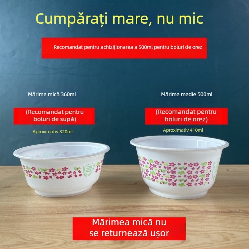 Bol de orez de unică folosință, cu model floral, din plastic alimentar gros, însoțit de tacâmuri cu bețișoare pentru banchete