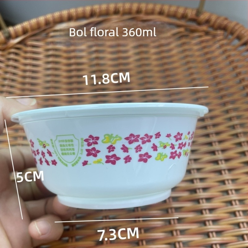 Bol de orez de unică folosință, cu model floral, din plastic alimentar gros, însoțit de tacâmuri cu bețișoare pentru banchete