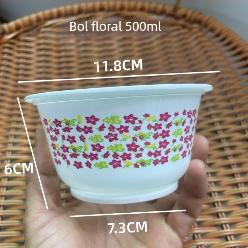Bol de orez de unică folosință, cu model floral, din plastic alimentar gros, însoțit de tacâmuri cu bețișoare pentru banchete