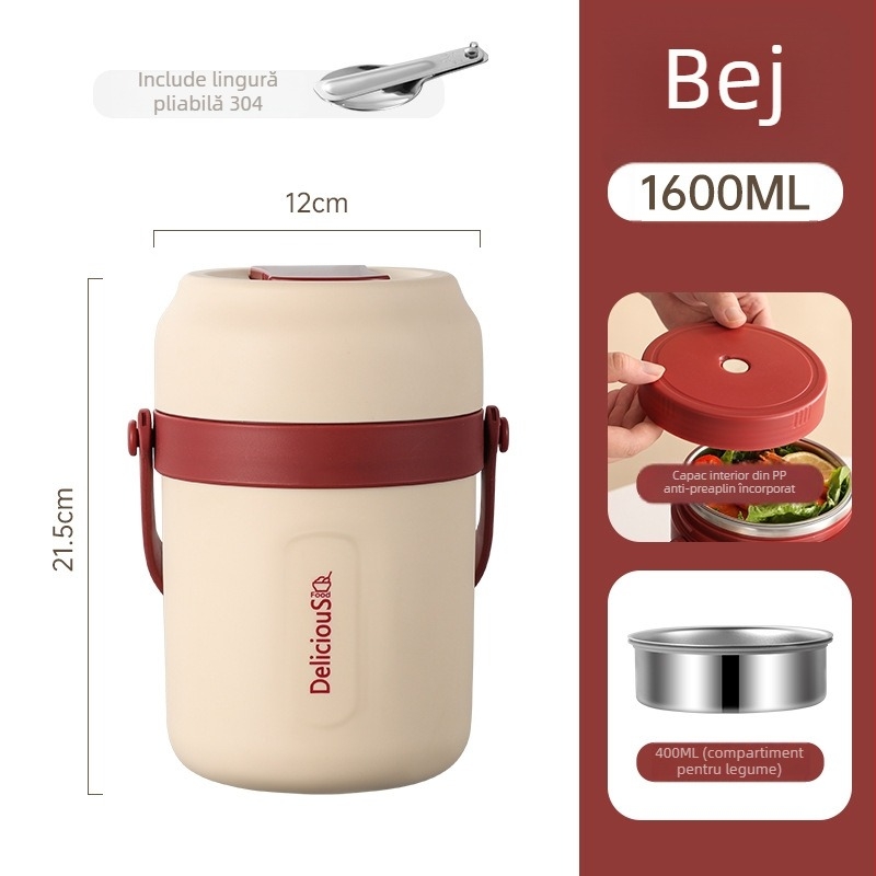 Cutie pentru prânz termoizolantă din oțel inoxidabil 304, cu dublu strat, capacitate 2000 ml