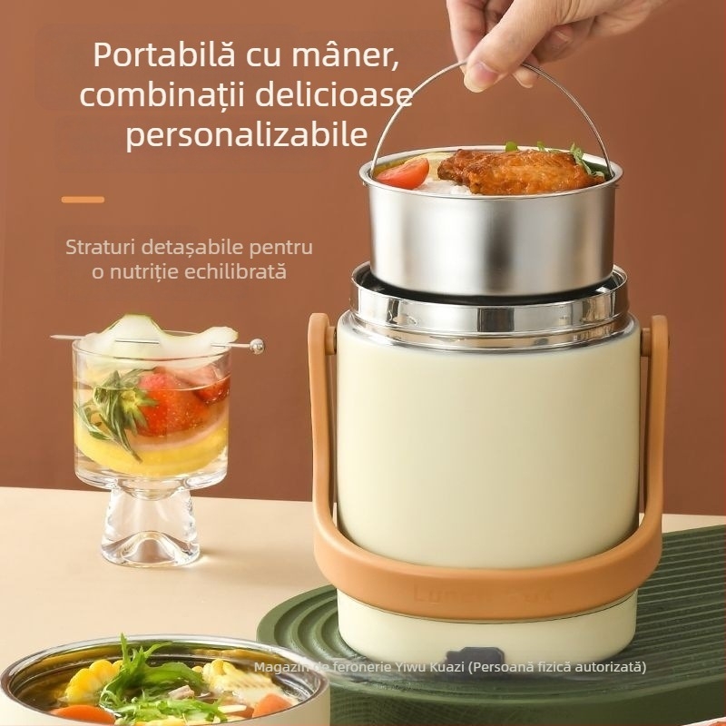 Cutie prânz din oțel inoxidabil 304, izolată, încălzire USB pentru mașină, portabilă, capacitate mare, menține temperatura constantă