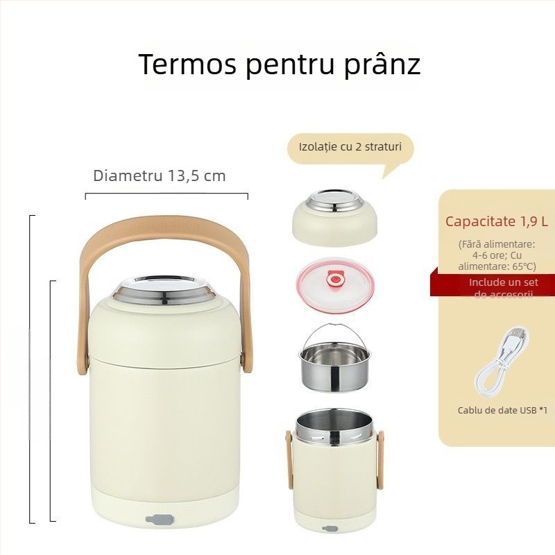 Cutie prânz din oțel inoxidabil 304, izolată, încălzire USB pentru mașină, portabilă, capacitate mare, menține temperatura constantă