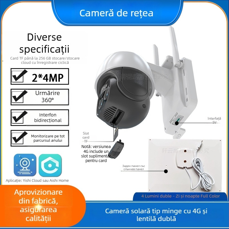 Cameră dome solară, 4K, cu obiectiv dual, zoom 10x și detecție oameni prin 4G