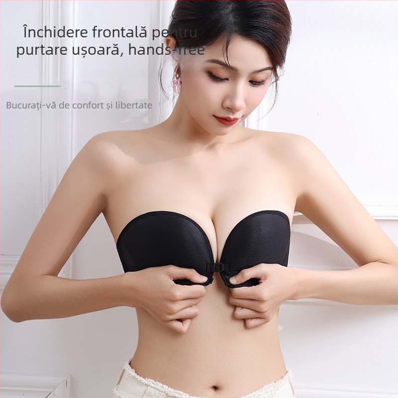 Sutien invizibil fără bretele, cupe 3D, spate din dantelă anti-alunecare, bandeau cu închidere frontală pentru femei