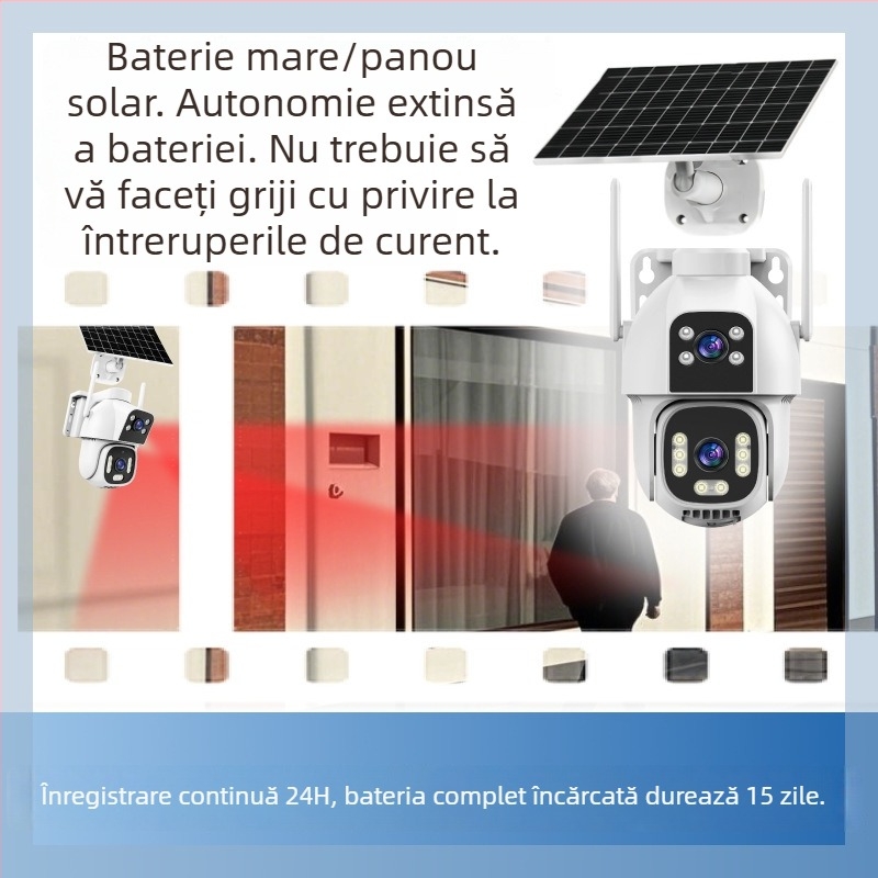 Cameră exterioră solară AOV cu obiective duale, rezistentă la apă, fără alimentare sau internet, viziune de noapte, monitorizare 4G