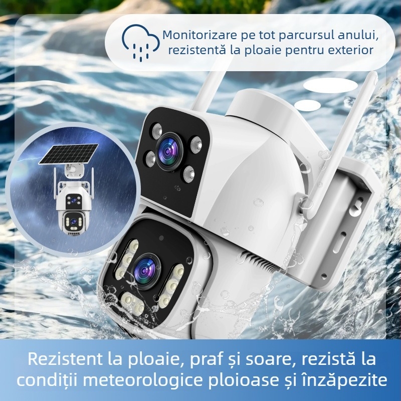 Cameră exterioră solară AOV cu obiective duale, rezistentă la apă, fără alimentare sau internet, viziune de noapte, monitorizare 4G