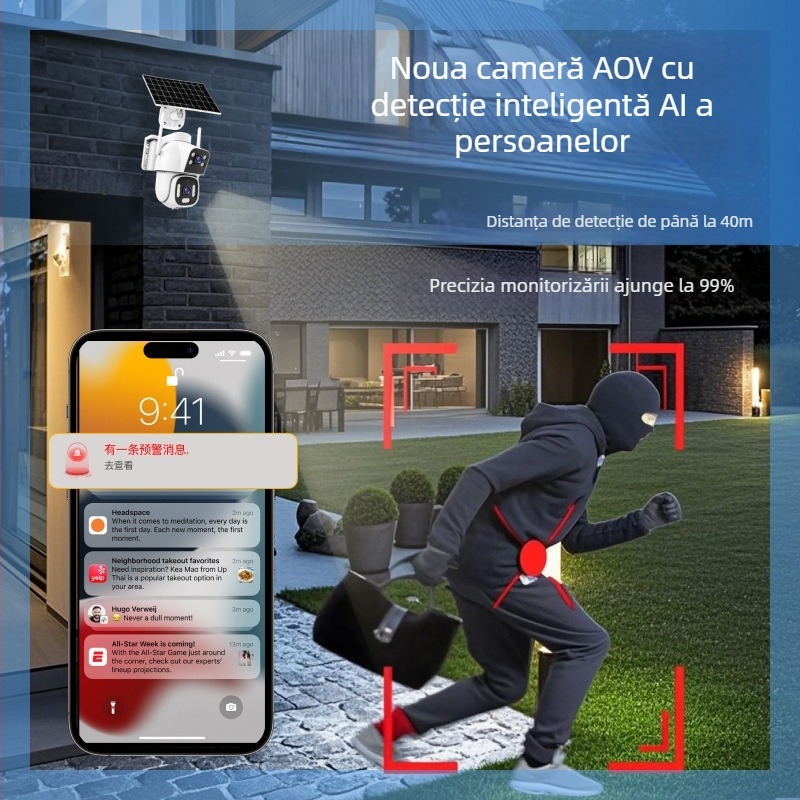 Cameră exterioră solară AOV cu obiective duale, rezistentă la apă, fără alimentare sau internet, viziune de noapte, monitorizare 4G