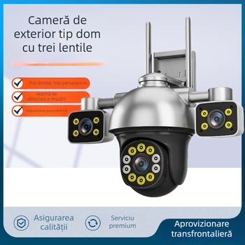 Cameră dom cu trei lentile pentru exterior, acoperire 360°, acces de pe telefon, viziune nocturnă, wireless