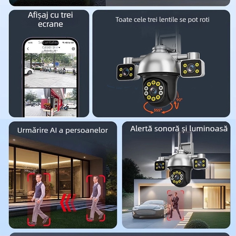 Cameră dom cu trei lentile pentru exterior, acoperire 360°, acces de pe telefon, viziune nocturnă, wireless
