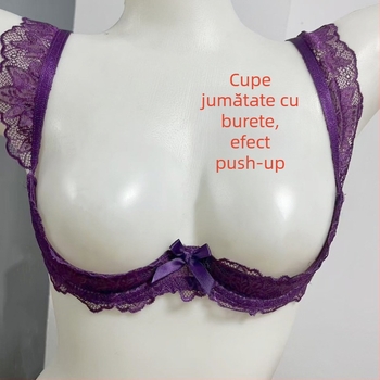 Sutien dantelat în stil prințesă, mov, roz și negru, cu umplutură din spumă, cupă semi și push-up