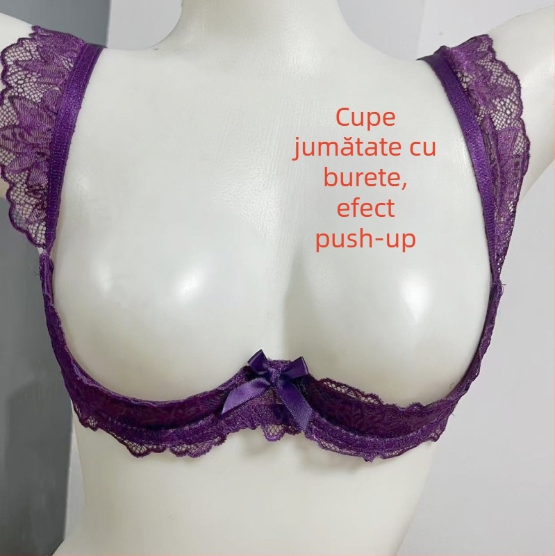 Sutien dantelat în stil prințesă, mov, roz și negru, cu umplutură din spumă, cupă semi și push-up