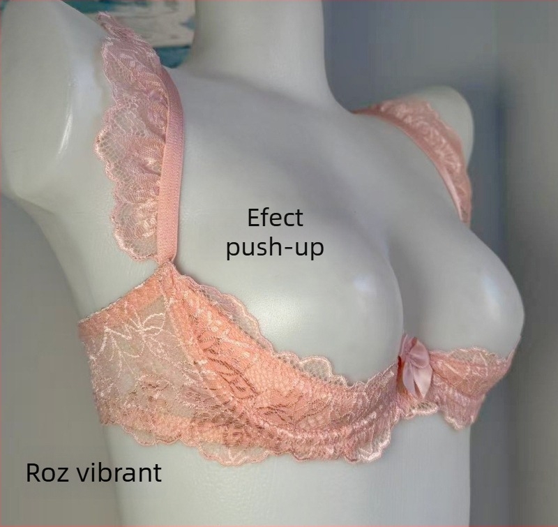 Sutien dantelat în stil prințesă, mov, roz și negru, cu umplutură din spumă, cupă semi și push-up
