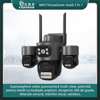 Cameră Wi‑Fi fără fir cu imagine în culori complete, obiectiv triplu PTZ, comunicație vocală bidirecțională, iluminare cu unghi larg, cameră de supraveghere