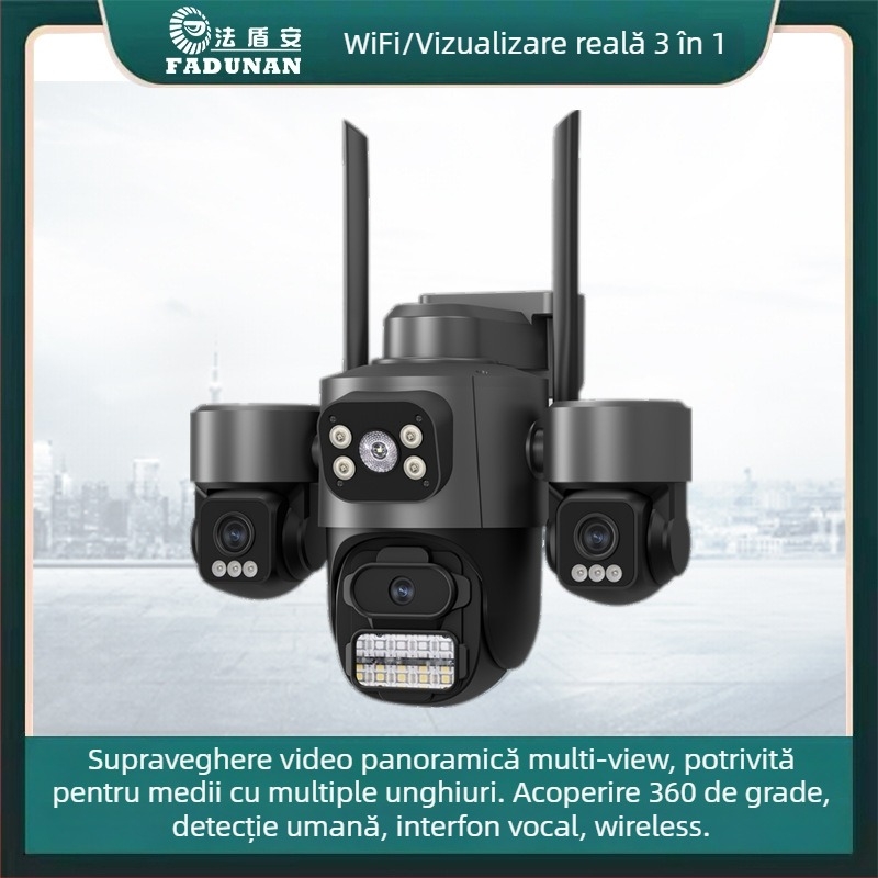 Cameră Wi‑Fi fără fir cu imagine în culori complete, obiectiv triplu PTZ, comunicație vocală bidirecțională, iluminare cu unghi larg, cameră de supraveghere