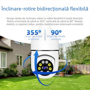 Cameră de securitate pentru interior, 360°, 1080p, Wi-Fi fără fir, monitorizare la distanță prin aplicație mobilă, urmărire a persoanelor