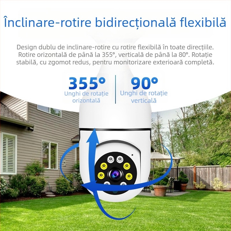Cameră de securitate pentru interior, 360°, 1080p, Wi-Fi fără fir, monitorizare la distanță prin aplicație mobilă, urmărire a persoanelor