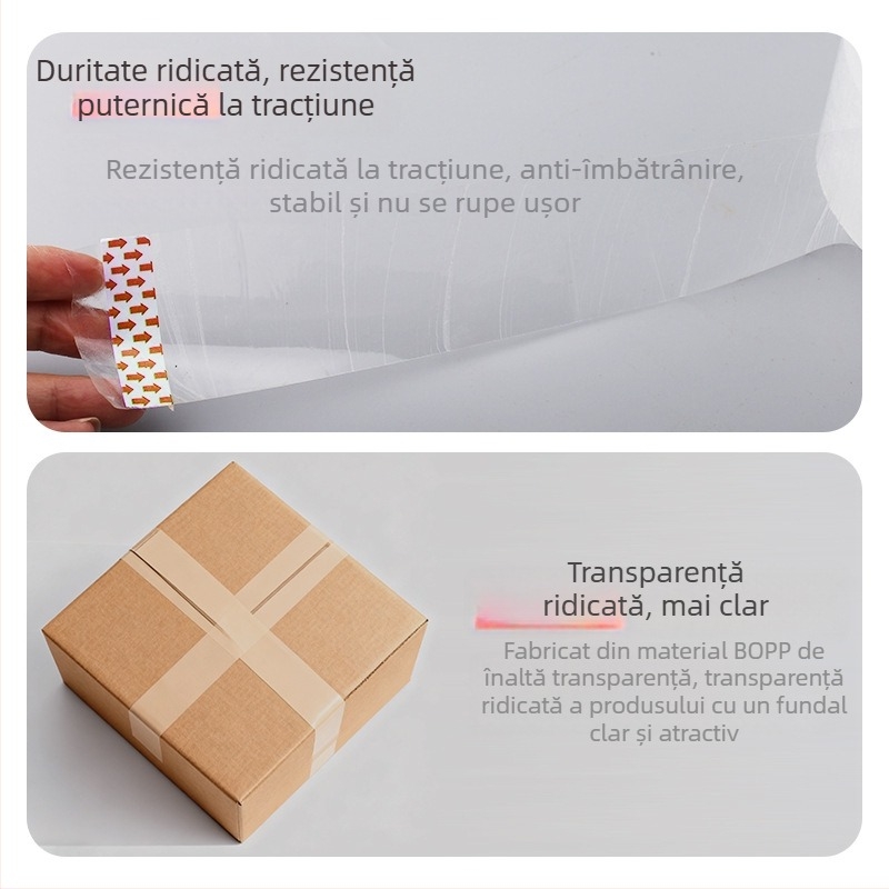 Bandă de ambalaj transparentă, rol mare, adeziv puternic pentru sigilarea coletelor, potrivită pentru comerțul electronic și expediere expresă