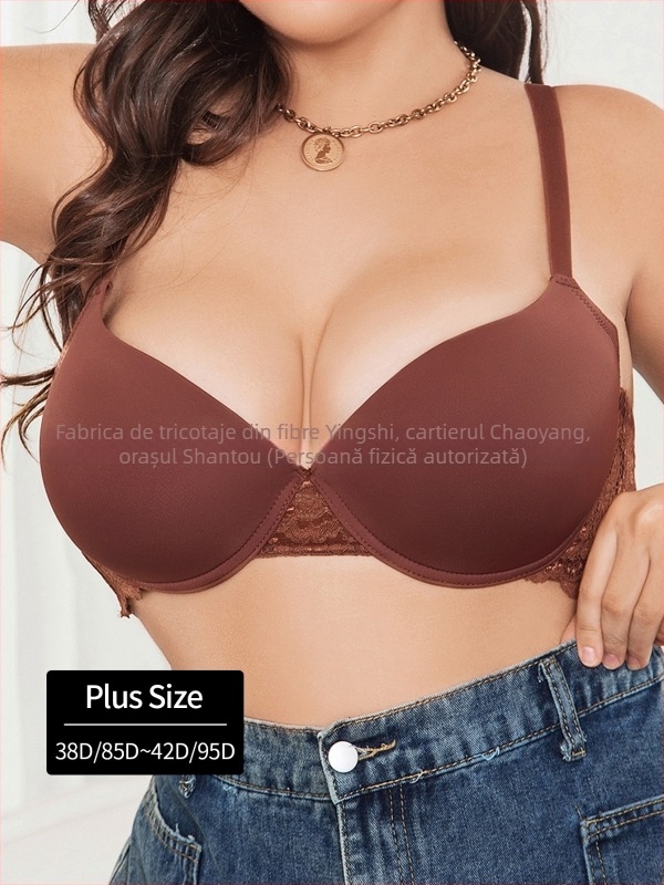 Sutien din dantelă pentru mărimi mari, cupe moldate 3/4, cu underwire, bretele fixe, închidere în spate cu patru rânduri de cârlige, material respirabil