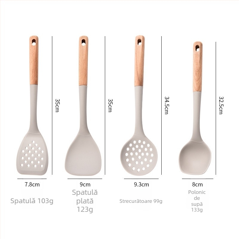 Set de ustensile din silicon pentru bucătărie, 7 piese, mânere din lemn, rezistent la temperaturi înalte, design modern minimalist; include spatulă, lingură pentru supă, lingură cu găuri, strecurătoare
