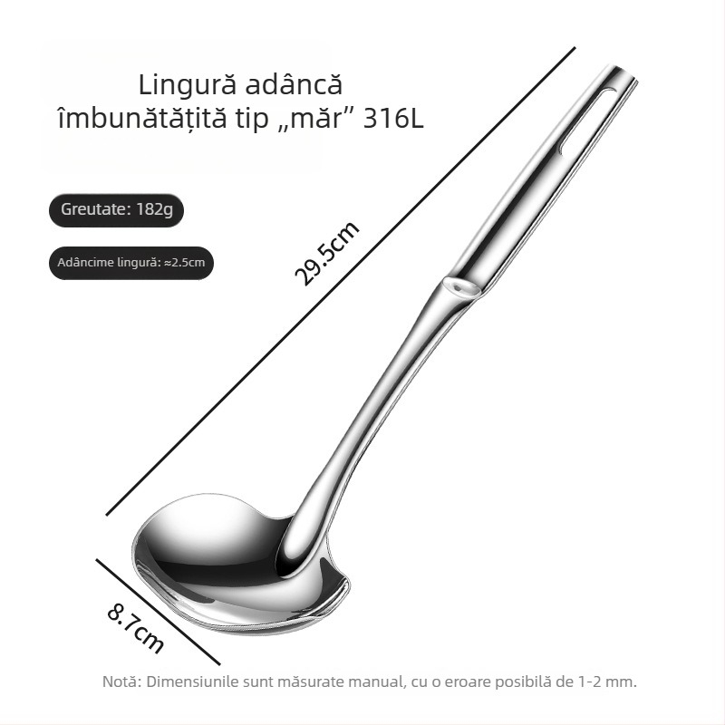 316 oțel inoxidabil, lingură de supă adâncă cu mâner lung, cupă îngroșată și adâncă, lingură strecurătoare