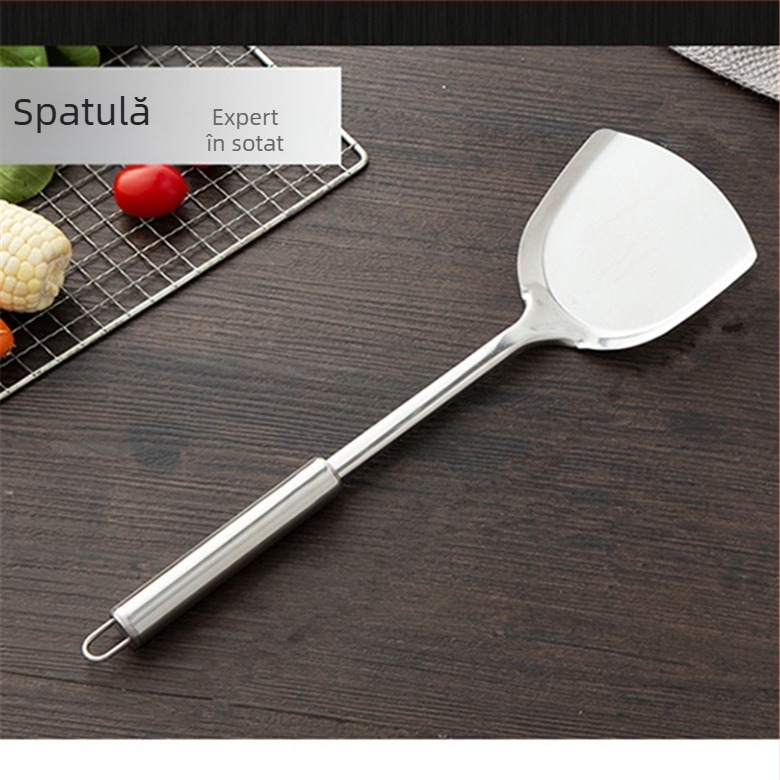 Set de ustensile de bucătărie din oțel inoxidabil, îmbunătățit: spatulă pentru wok, lingură, lingură cu site, lingură pentru orez și furculiță de carne