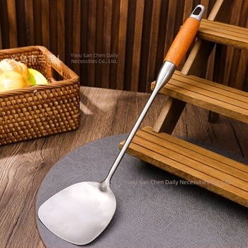 Spatulă cu mâner din lemn de trandafir și cap din oțel inoxidabil nemagnetic, cu cap gros pentru gătit casnic, potrivită pentru prăjit și sotat