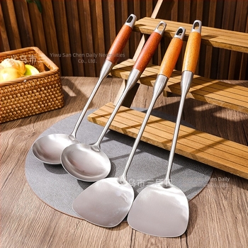 Spatulă cu mâner din lemn de trandafir și cap din oțel inoxidabil nemagnetic, cu cap gros pentru gătit casnic, potrivită pentru prăjit și sotat