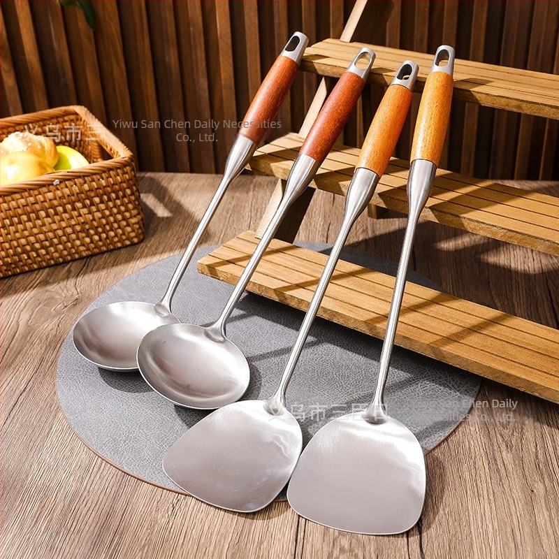 Spatulă cu mâner din lemn de trandafir și cap din oțel inoxidabil nemagnetic, cu cap gros pentru gătit casnic, potrivită pentru prăjit și sotat