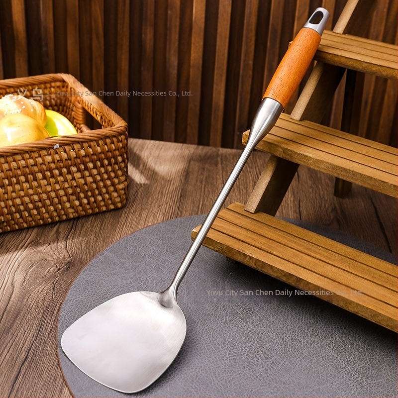 Spatulă cu mâner din lemn de trandafir și cap din oțel inoxidabil nemagnetic, cu cap gros pentru gătit casnic, potrivită pentru prăjit și sotat