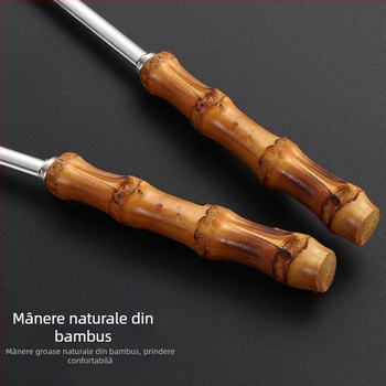 Lingură din oțel inoxidabil cu mâner din bambus, extra-large, pentru gătit și terci