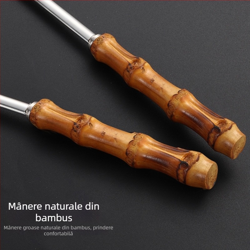 Lingură din oțel inoxidabil cu mâner din bambus, extra-large, pentru gătit și terci