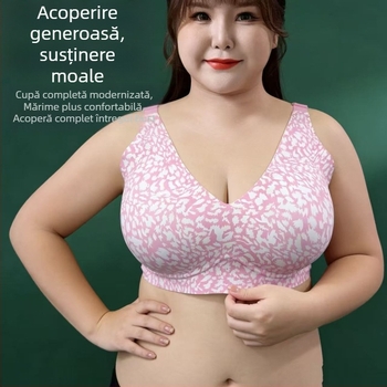 Sutien plus-size, fără cusături, imprimeu leopard, cupă fixă, susținere confortabilă, cupă mare, modelare siluetă, efect push-up