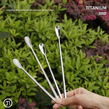 Lingură de amestec din titan pur, mâner lung, pentru cafea, lapte praf, cocktailuri și deserturi