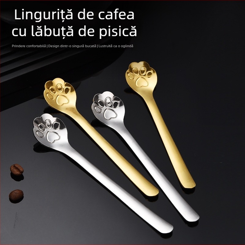 Lingură din oțel inoxidabil cu laba de pisică, pentru uz casnic, lingură de amestec pentru cafea în ceașcă, cadou, lingură desert cu design desen animat